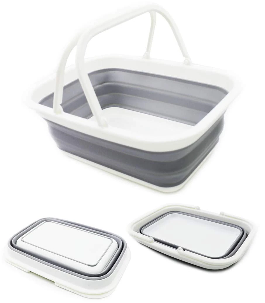 SAMMART 9.2L Collapsible Tub with Handle - Portable Outdoor Picnic Basket/Crater - Foldable Shopping Bag - Space Saving Storage Container (White/Grey, 1)