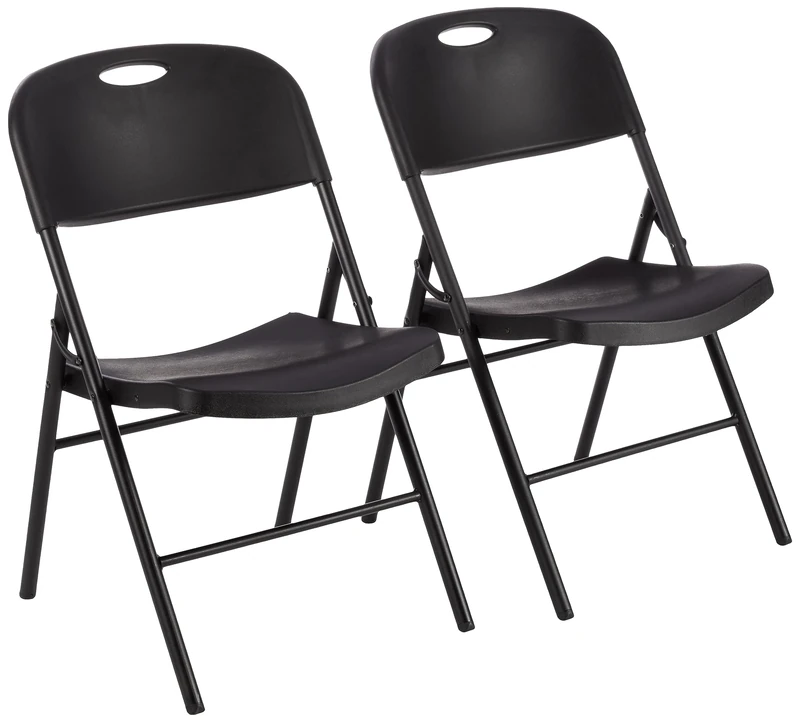 Amazon Basics Foldable Portable Sturdy Folding Plastic Chair, 350-Pound Capacity, Black, 2-Pack