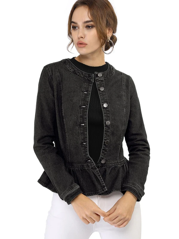 Allegra K Women's Denim Round Neck Button Down Long Sleeve Cropped Ruffle Peplum Jacket Black L-16