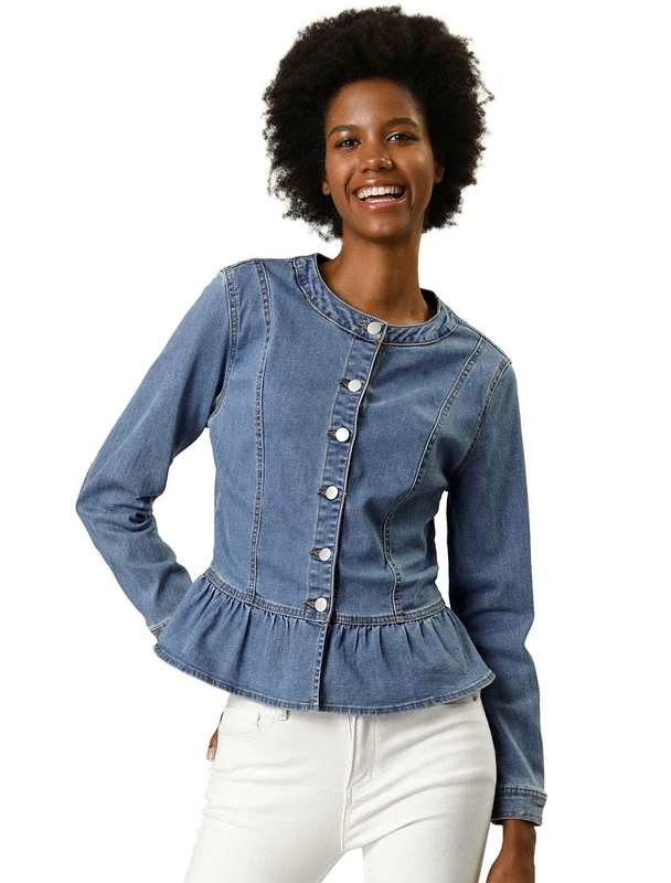 Allegra K Women's Denim Round Neck Button Down Long Sleeve Cropped Ruffle Peplum Jacket Light Blue L - Image 1