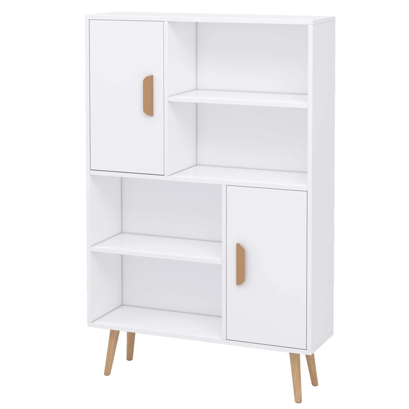 HOMCOM Sideboard Bookshelf Free Standing Bookcase Shelves Unit Display Storage Cabinet w/Adjustable Shelves, Wooden Leg, Two Doors, White
