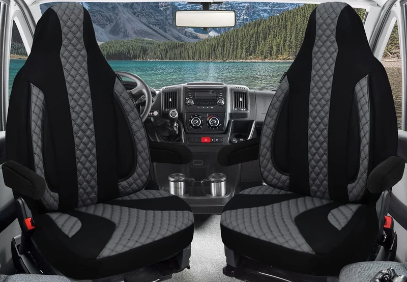 BREMER SITZBEZÜGE Custom Seat Covers Protective Covers Pilot Seats Driver & Passenger Set Compatible with Motorhome Fiat Ducato, Pössl, Knaus, Adria, Carthago, Pilote Laika WPL401 Black/Grey