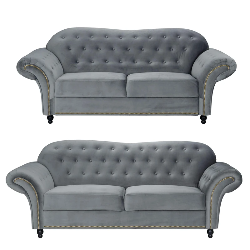 Sofas and More Lyon Chesterfield Style French Velvet fabric 3 + 2 seater sofa Armchair Blue Silver Grey (Grey, 3+2 Seater)