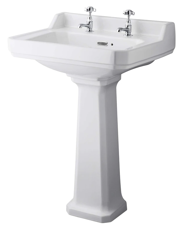 Old London CCR026 Richmond Traditional Bathroom 2 Tap Hole Basin Sink and Comfort Height Full Pedestal, 600mm, White