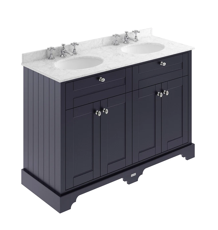 Hudson Reed LOF368 ǀ Traditional Bathroom Floor Standing Vanity Double Basin Unit with Soft Close Doors, Marble Worktop and Ceramic Basin with 3 Tap Holes, 1200mm, Twilight Blue/Grey Marble