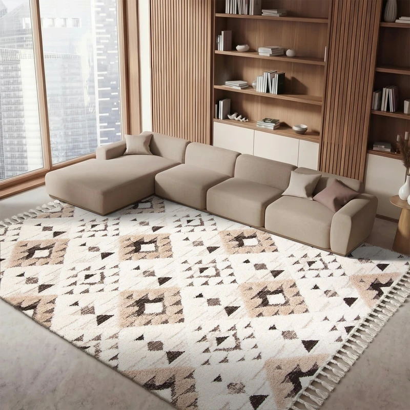 SAFAVIEH Area Rug 8x10 - Moroccan Tassel Shag Collection - Large - Ivory & Brown, Boho Design, Non-Shedding & Easy Cleaning, Plush Pile, Ideal for Living Room, Bedroom, Dining Space (MTS688A)