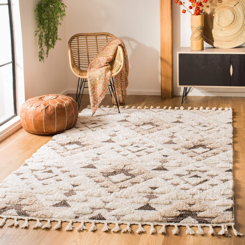 Safavieh Shaggy Rug for Living Room, Dining Room, Bedroom - Moroccan Tassel Shag Collection, Short Pile, in Ivory and Brown, 122 X 183 cm