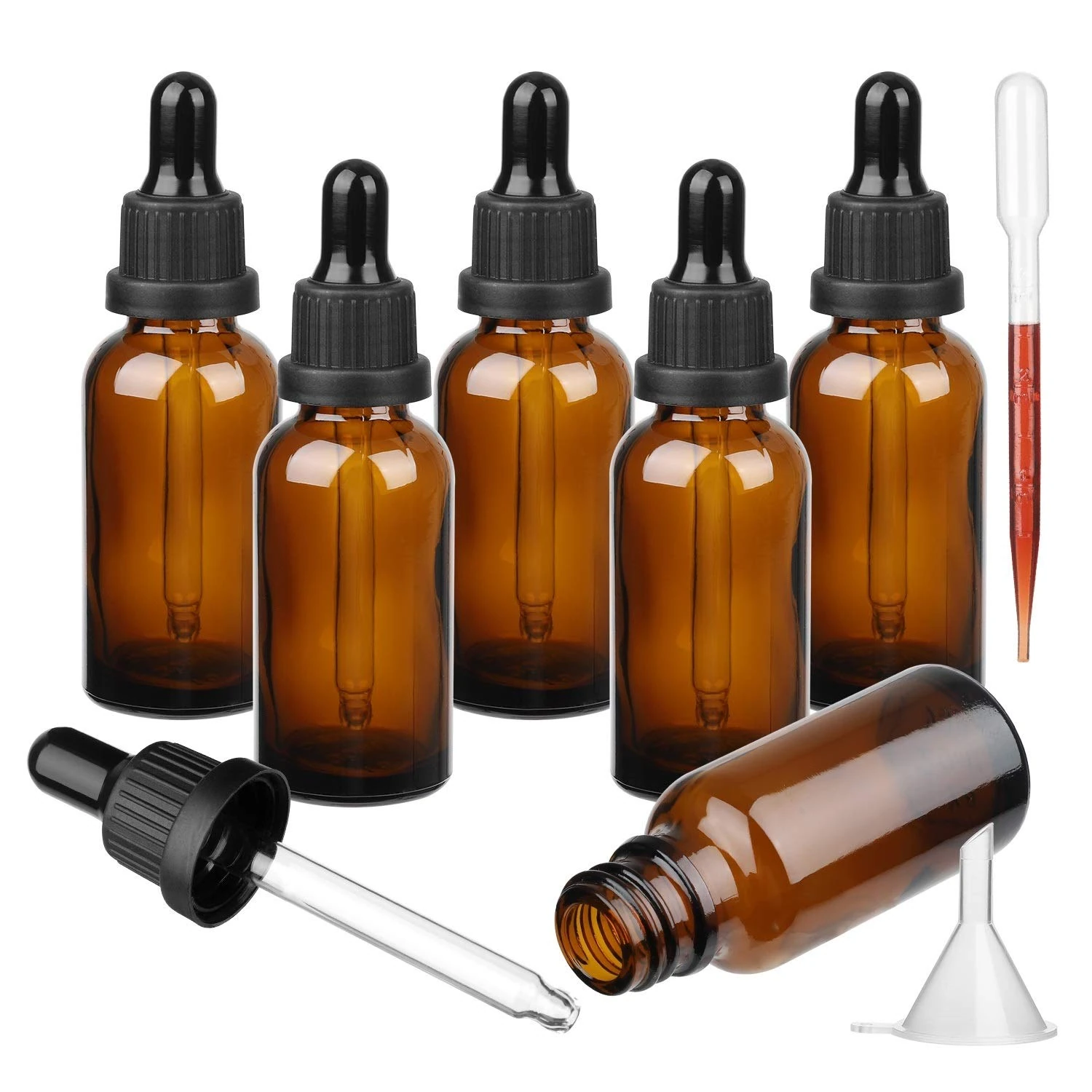 Hyber&Cara Amber Glass Bottle with Glass Pipette, 6 X 30ml / 1oz Dropper Bottles Refillable for Essential Oil Aromatherapy Blends