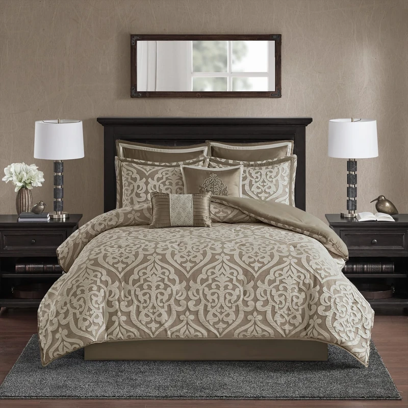 Madison Park All Season Down Alternative Bedding, Matching Shams, Bedskirt, Decorative Pillows, Jacquard, Tan/Ivory, Queen