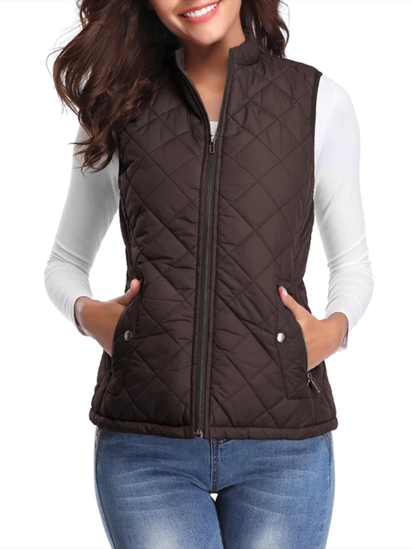 fuinloth Women's Quilted Gilet, Lightweight Body Warmer Padded Outdoor Vest Sleeveless Jacket Chocolate X-Small - Image 1