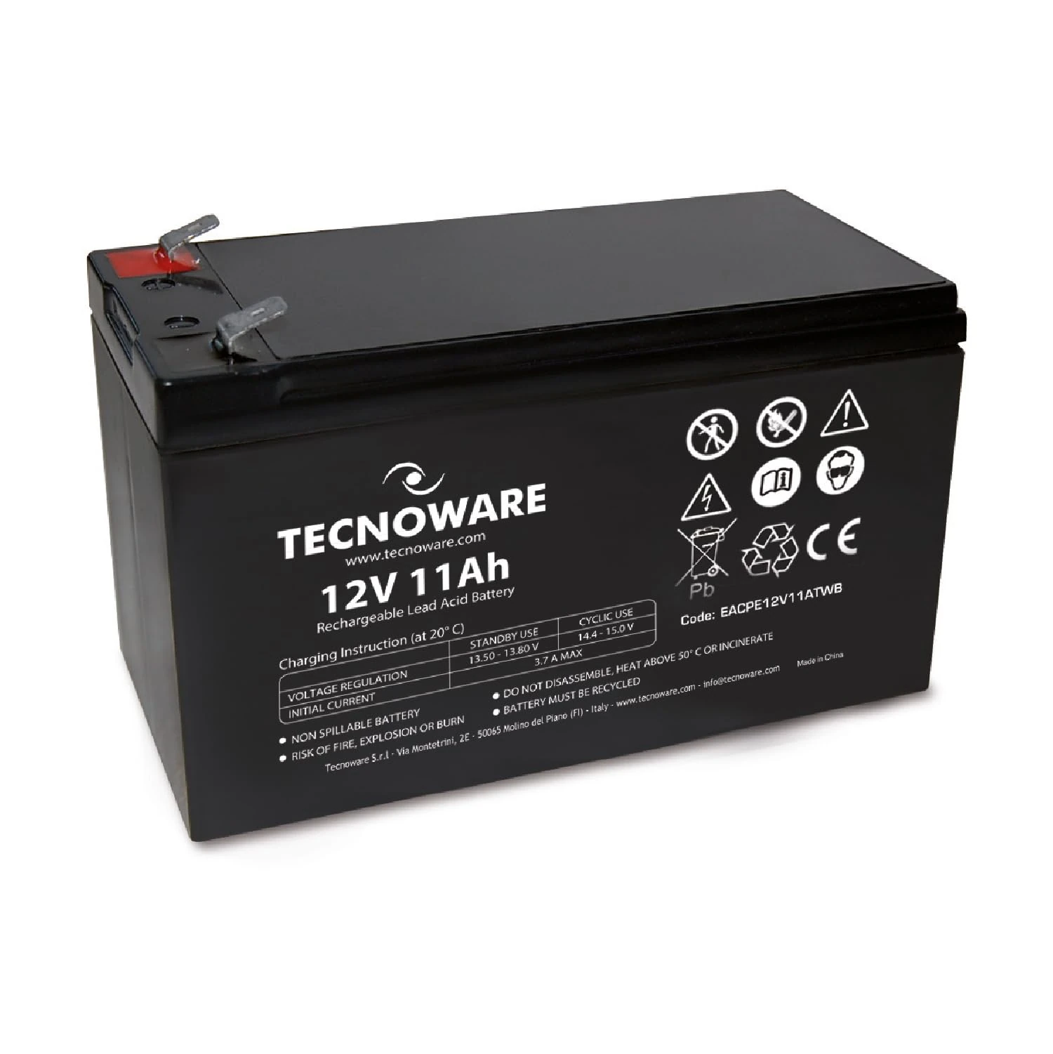 Tecnoware Power Systems - 12V Charge 11 Ah Sealed Lead-Acid Battery UPS, Video Surveillance, Alarm Systems 2.5 Inch Faston Connection Long Lasting, No Maintenance Needed, 11 Ah