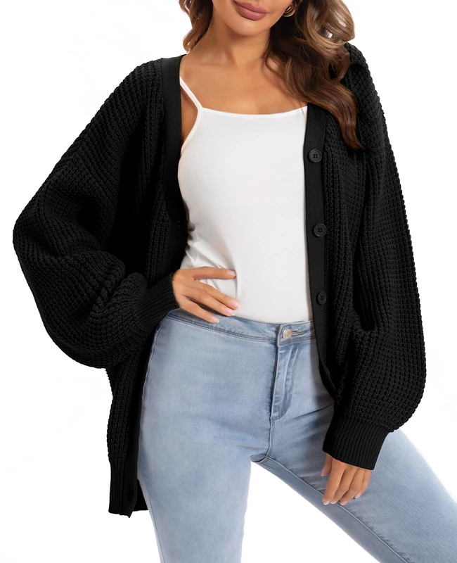 QUALFORT Women's Cardigan Batwing Chunky Knit Cardigan Jumper Black X-Large