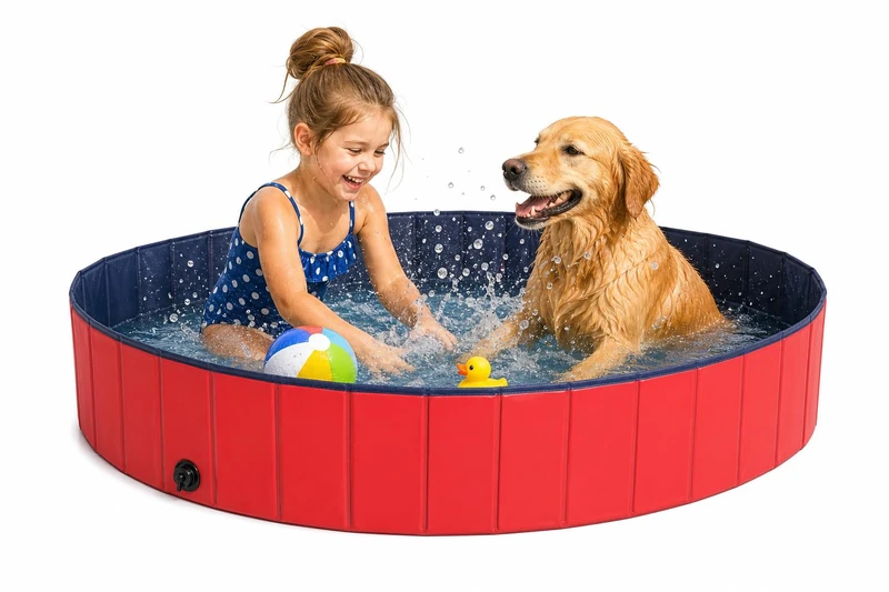 lionto Foldable dog pool made of scratch-resistant PVC material, Ø 80 cm, height 20 cm, anti-slip coating & drain plug for quick emptying, no pump required, robust children's pool, blue/red