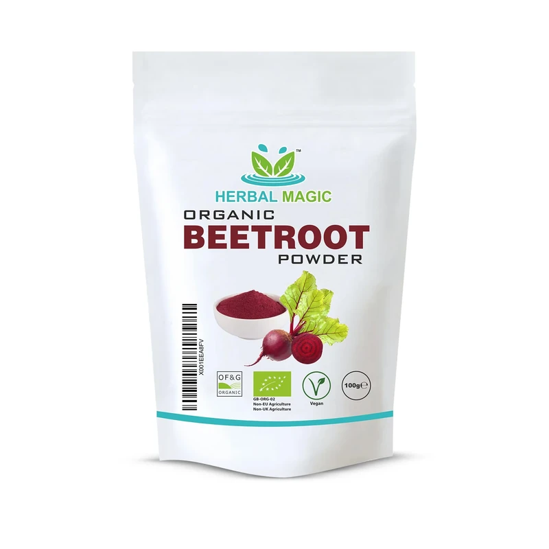 Herbal Magic's Organic Beet Root Powder - Sweet & Earthy - Ideal as a Natural Food Colour and Flavour to Tandoori Dishes,Cakes Free from Fillers & Preservatives - of&G UK Organic Certified 100g