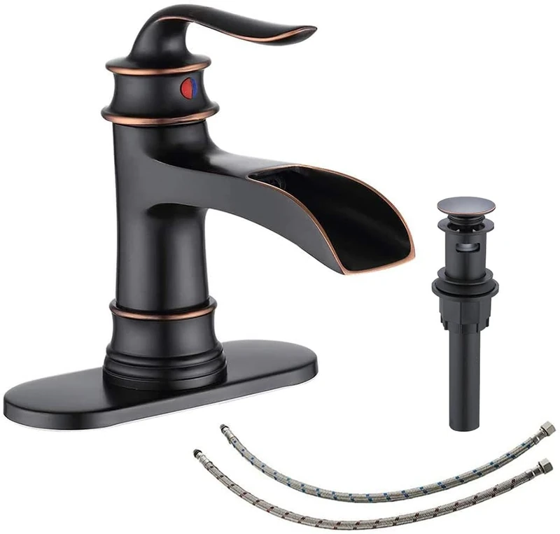 FRANSITON Waterfall Faucet Bathroom Faucet Single Handle One Hole Oil Rubbed Bronze Finish Large Spout Lavatory Faucets Oil Rubbed Bronze Waterfall Faucet