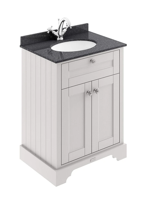 Hudson Reed LOF421 ǀ Traditional Bathroom Floor Standing Vanity Basin Unit with Soft Close Doors, Marble Worktop and Ceramic Basin with 1 Tap Holes, 600mm, Timeless Sand/Black Marble