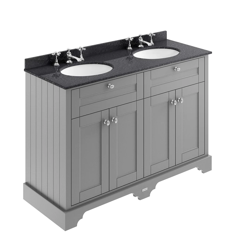 Hudson Reed LOF266 ǀ Traditional Bathroom Floor Standing Vanity Double Basin Unit with Soft Close Doors, Marble Worktop and Ceramic Basin with 3 Tap Holes, 1200mm, Storm Grey/Black Marble