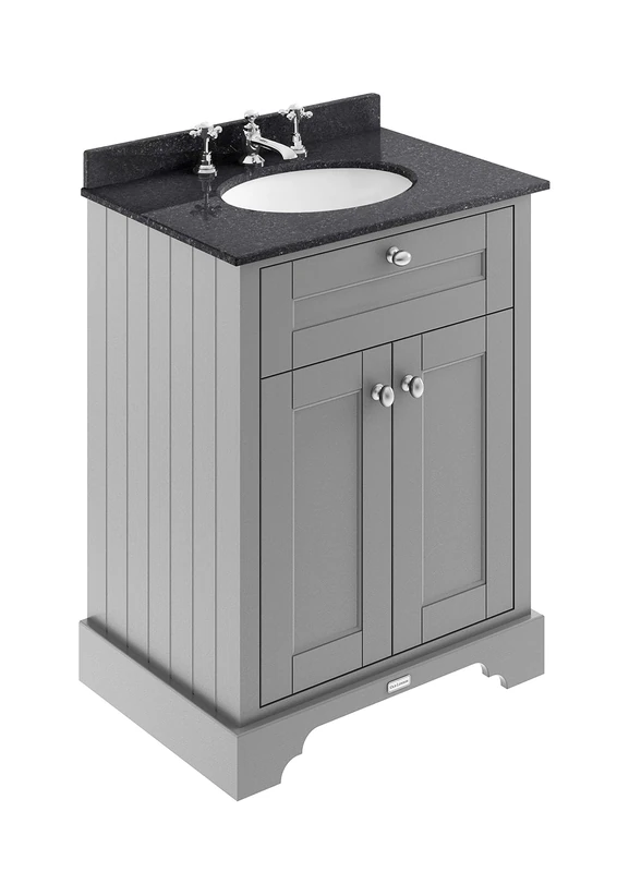 Hudson Reed LOF224 ǀ Traditional Bathroom Floor Standing Vanity Basin Unit with Soft Close Doors, Marble Worktop and Ceramic Basin with 3 Tap Holes, 600mm, Storm Grey/Black Marble