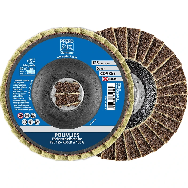 PFERD Pollifleece flap washer, pack of 5, 125 mm, A100, coarse, X-LOCK (22.23 mm), 44694211 - for quick and comfortable tool changes