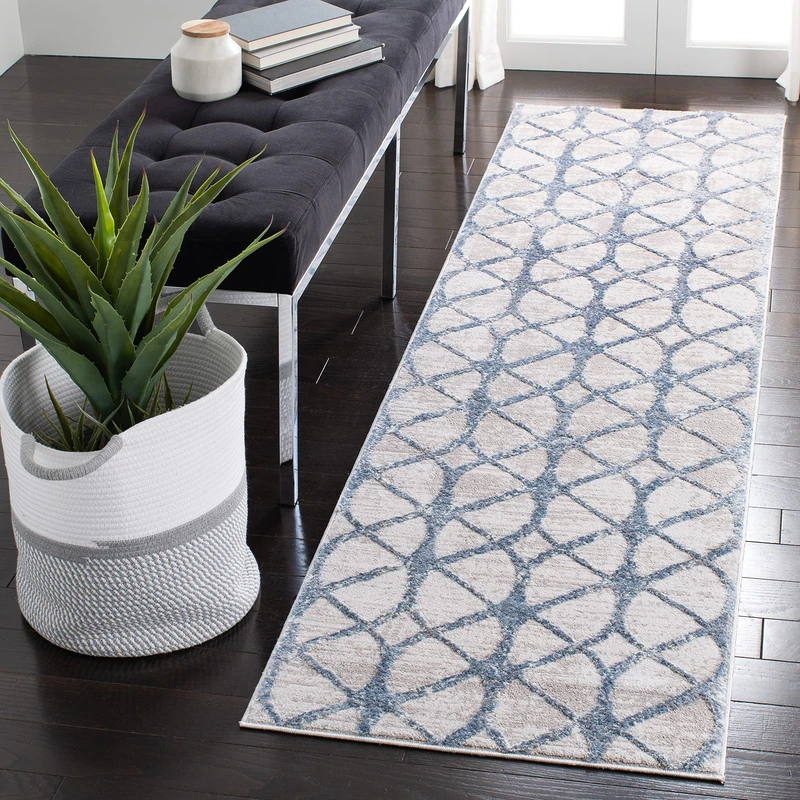 Safavieh Geometric Area Rug for Living Room Dining Room Bedroom Amelia Collection Short Pile Rug, Grey and Blue, 76 x 183 cm