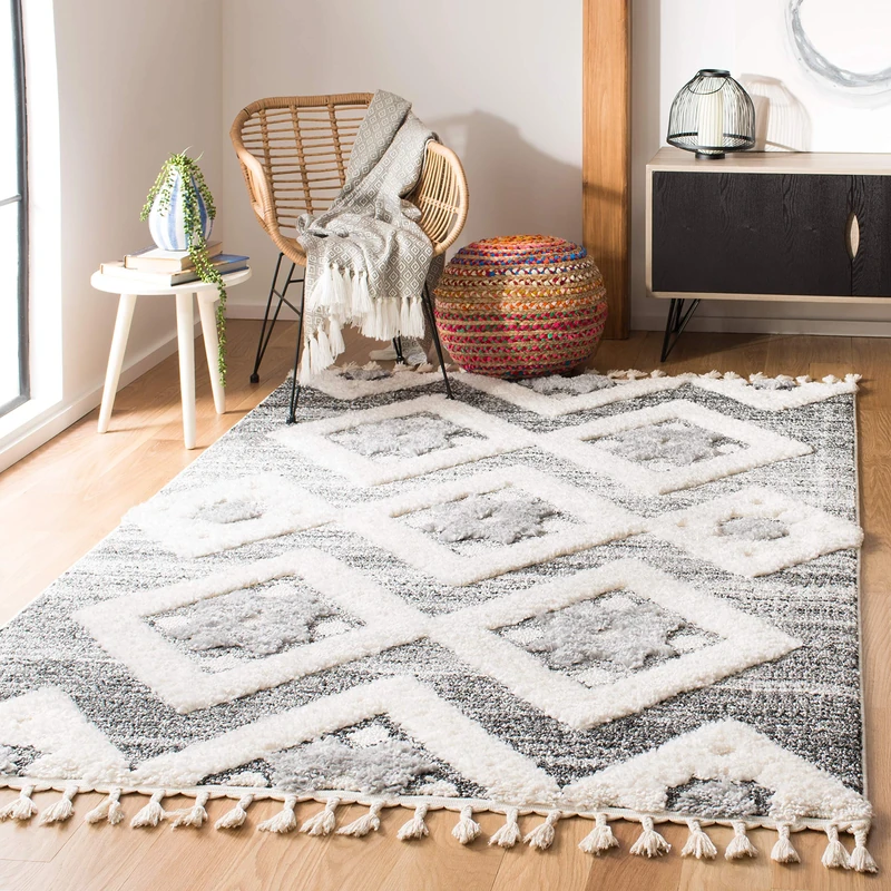 Safavieh Shaggy Indoor Woven Rectangle Area Rug, Moroccan Tassel Shag Collection, MTS664, in Grey/Ivory, 160 x 229 cm for Living Room, Bedroom or Any Indoor Space