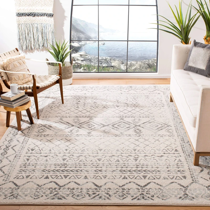 Safavieh Boho Rug for Living Room, Dining Room, Bedroom - Tulum Collection, Short Pile, in Ivory and Grey, 240 x 300 cm