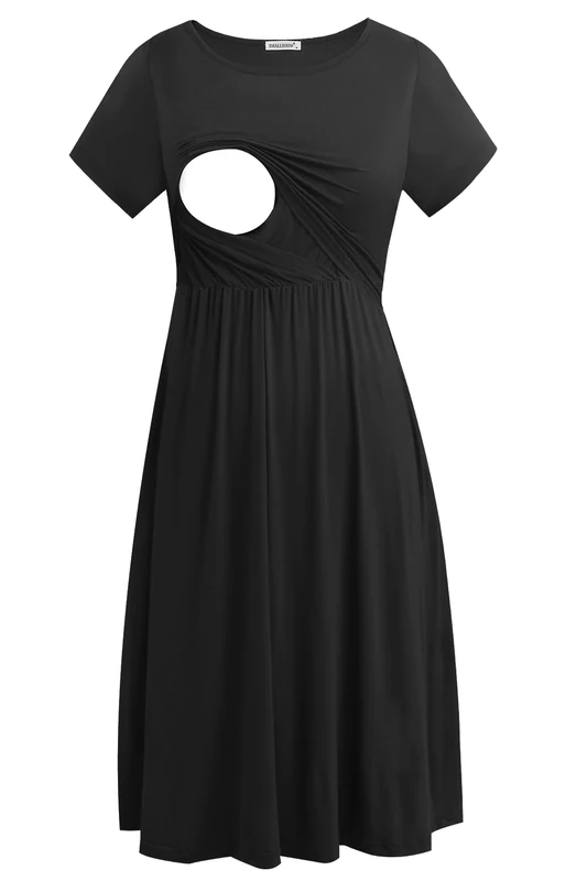 Smallshow Women's Short Sleeve Casual Maternity Nursing Dress for Breastfeeding Black S