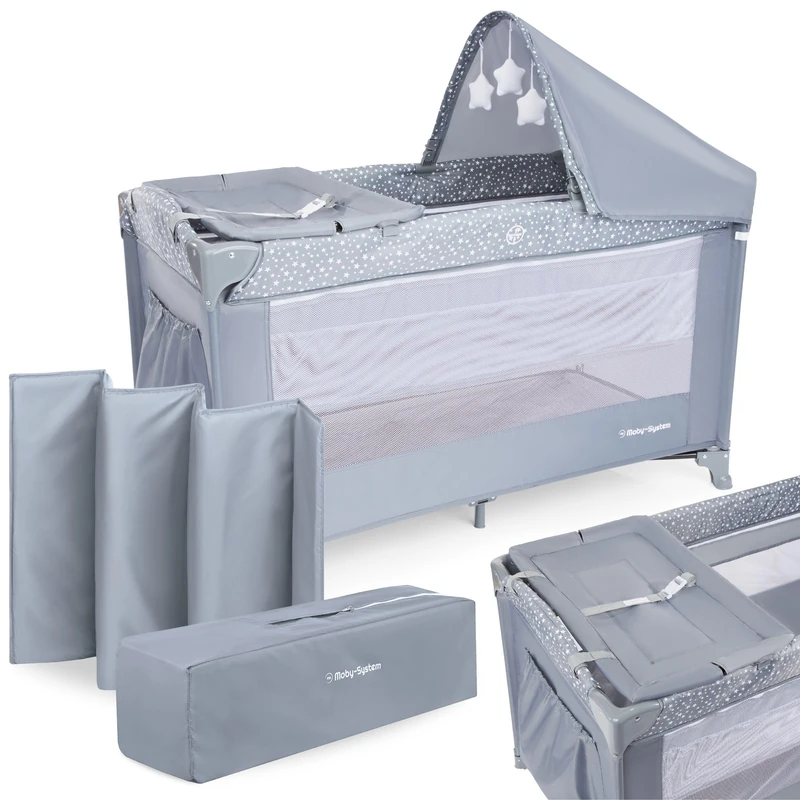Moby-System Baby Travel Cot with Mattress Height Levels – 2in1 Cot and Playpen - Quick Folding with Carry Bag - Safety System with Locking Wheels - Mesh Sides, Side Opening - Canopy & Changing Table