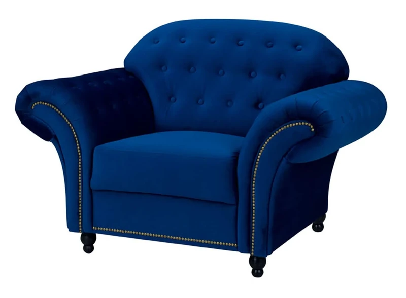 Sofas and More Lyon Chesterfield Style French Velvet fabric 3 + 2 seater sofa Armchair Blue Silver Grey (Blue, Armchair)