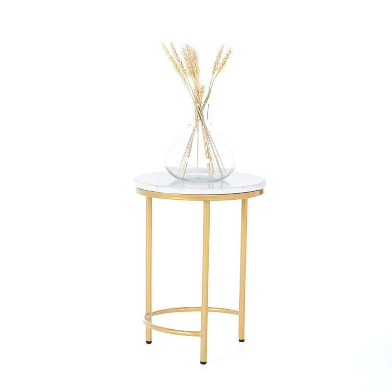 Penguin Home Coffee Side End Table Marble Effect Top & Stainless Steel Frame Side Table Round Occasional Stand Tea Table for Living Room Home and Office Gold Frame - Image 1