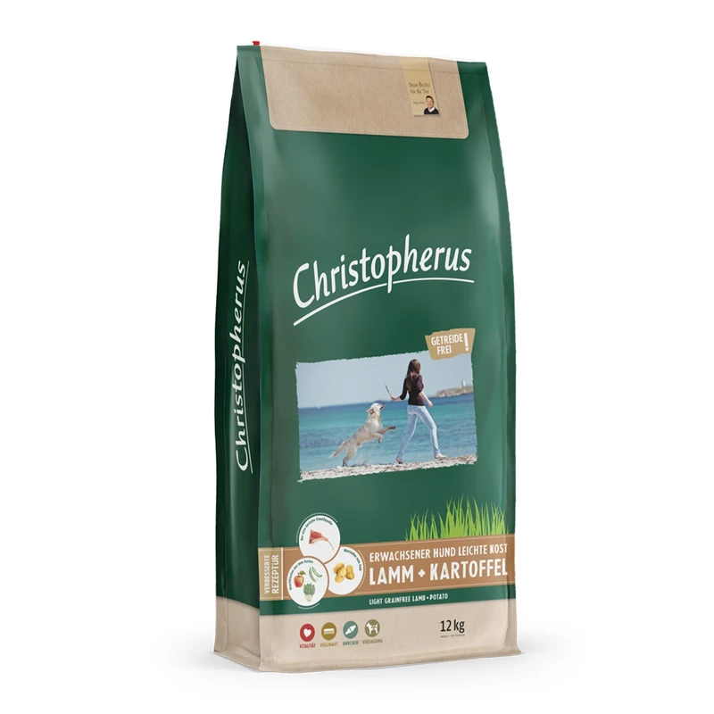 Christopherus Light Grainfree Full Adult Dogs with Obesity or Low Activity, Dry Food, Lamb + Potato, Croquette Size Approx 1cm, Adult Dog 12kg