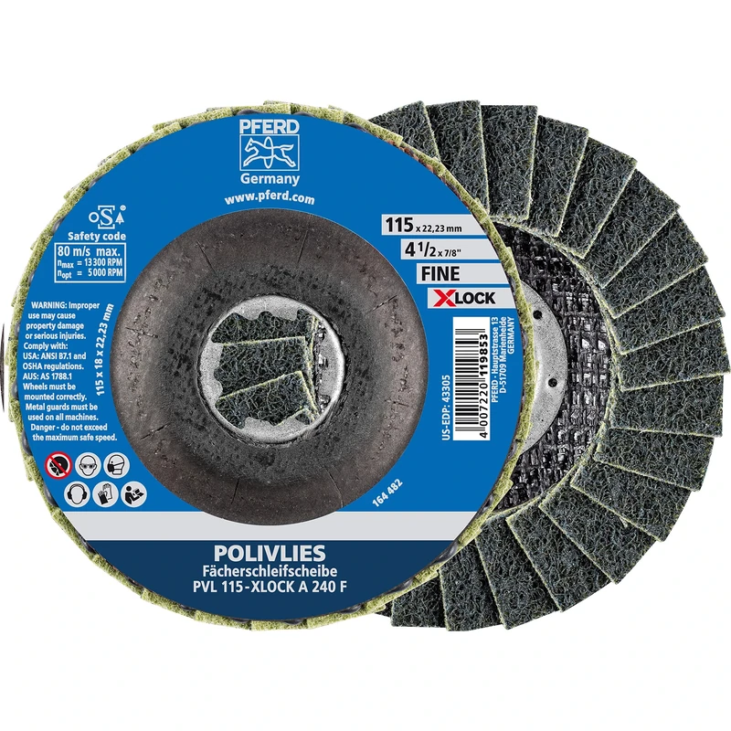 Pferd POLIVLIES Fan Discs 115mm, Grain Size 240, Fine, Corundum A, X-Lock (22.23mm), Pack of 5 - for Quick and Convenient Tool Change