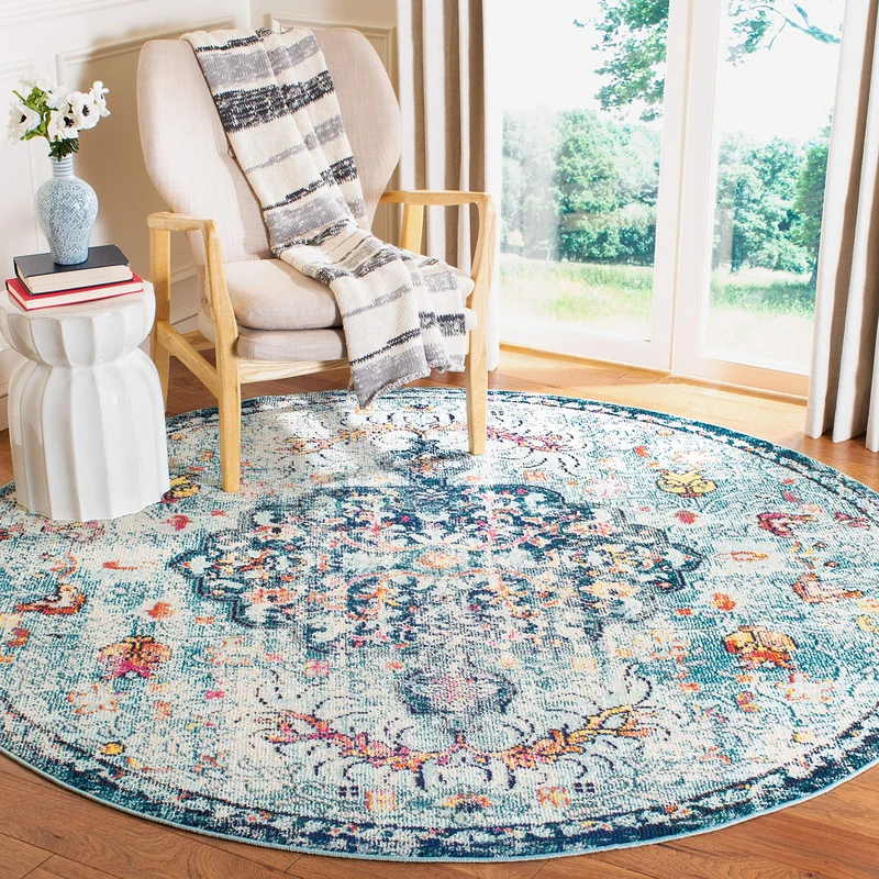 Safavieh Boho Rug for Living Room, Dining Room, Bedroom - Madison Collection, Short Pile, in Navy and Light Blue, 152 X 152 cm