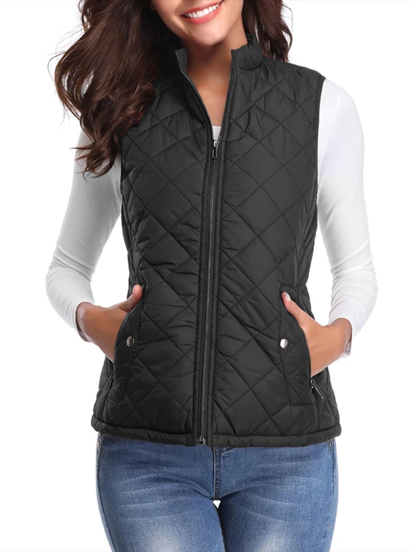 fuinloth Women's Quilted Gilet, Lightweight Body Warmer Padded Outdoor Vest Sleeveless Jacket Black Medium