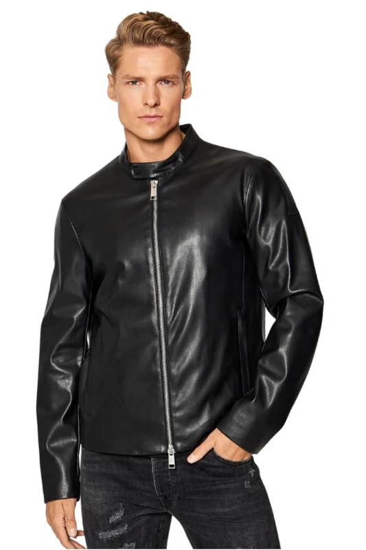 Armani Exchange Men's Eco-Leather Blouson Bomber Jacket, Black, Large