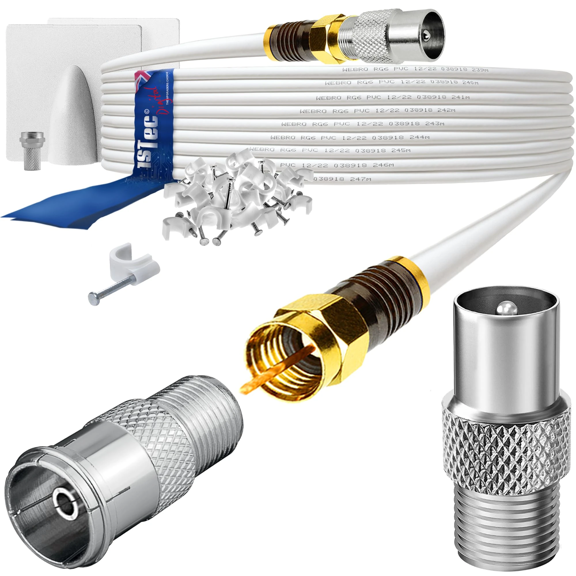 1STec 30m Self Install Digital TV Male to M/Female Gold Plated F-Connector Cable for FreeView HD Freesat BT YouView Satellite Dish or Rooftop Aerial to Wall Box Plug or Socket Lead (30 Metre, White)