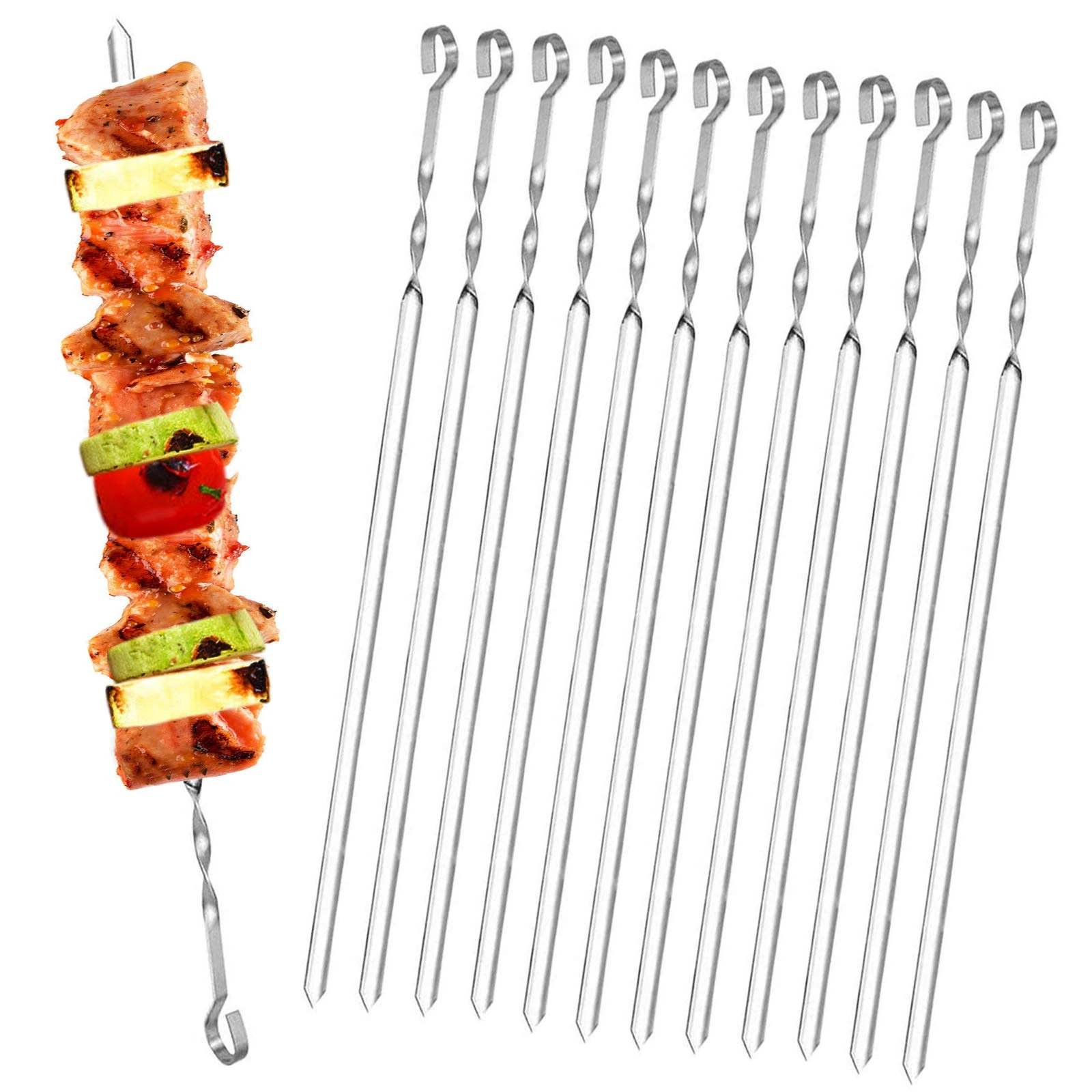 Homealexa 15" BBQ Skewers, Stainless Steel Flat Kebab Skewers Set of 20, Reusable with Storage Bag for Outdoor BBQ, Family Party, Shish Kabob