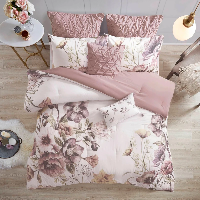 Madison Park Soft Comforter Set-Feminine Design Colorful Floral Print, Cotton Blend, Cassandra Blush, Queen