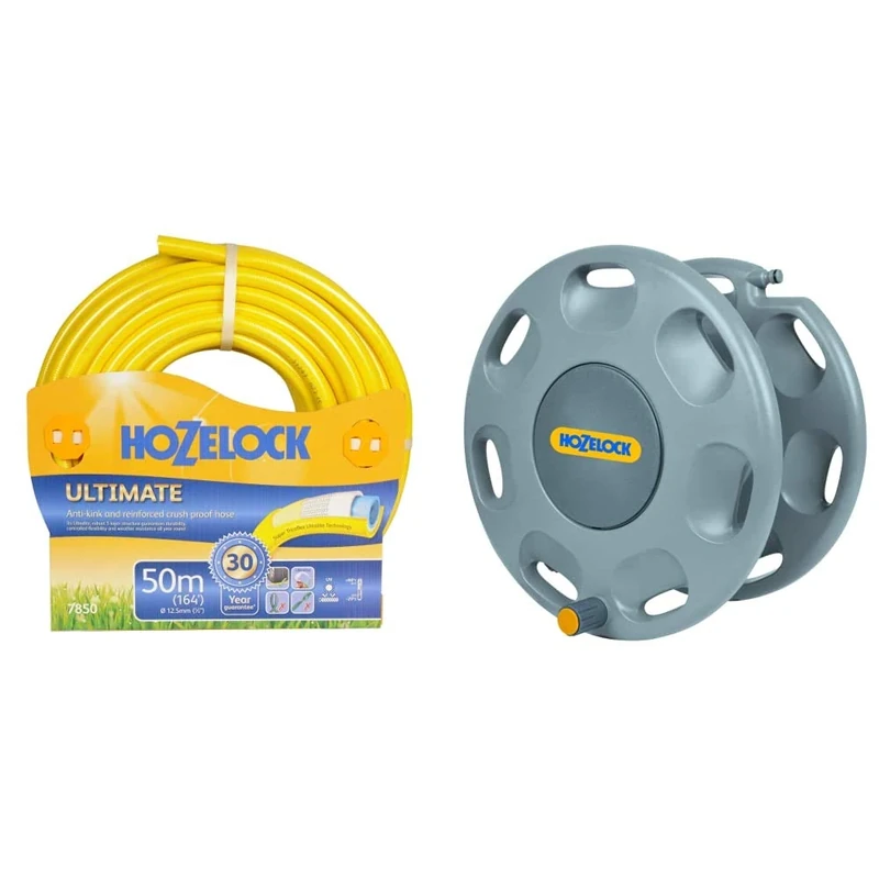 Hozelock 7850P0000 Ultimate Hose, 50 m, Yellow & Hozelock 2390D0000 60m Wall Mounted Reel without Hose and Nozzle (Yellow/Gray)