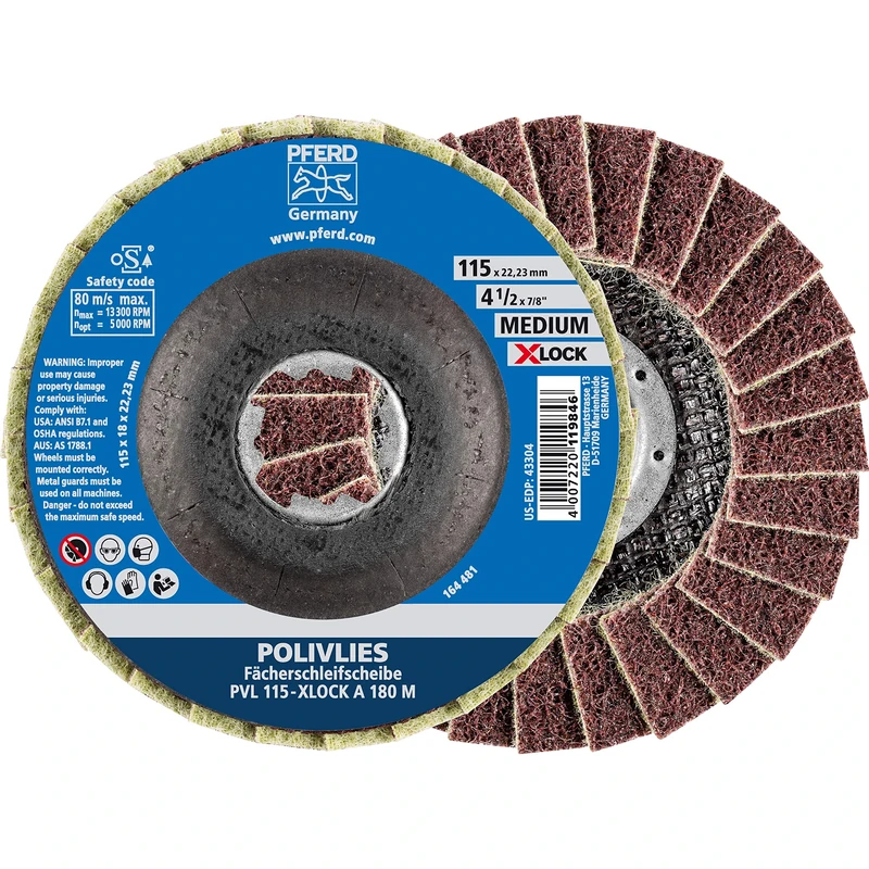PFERD POLIVLIVLIES 44694202 Fan Disc, Pack of 5, 115 mm, A180, Medium, X-Lock (22.23 mm), for Quick and Comfortable Tool Change