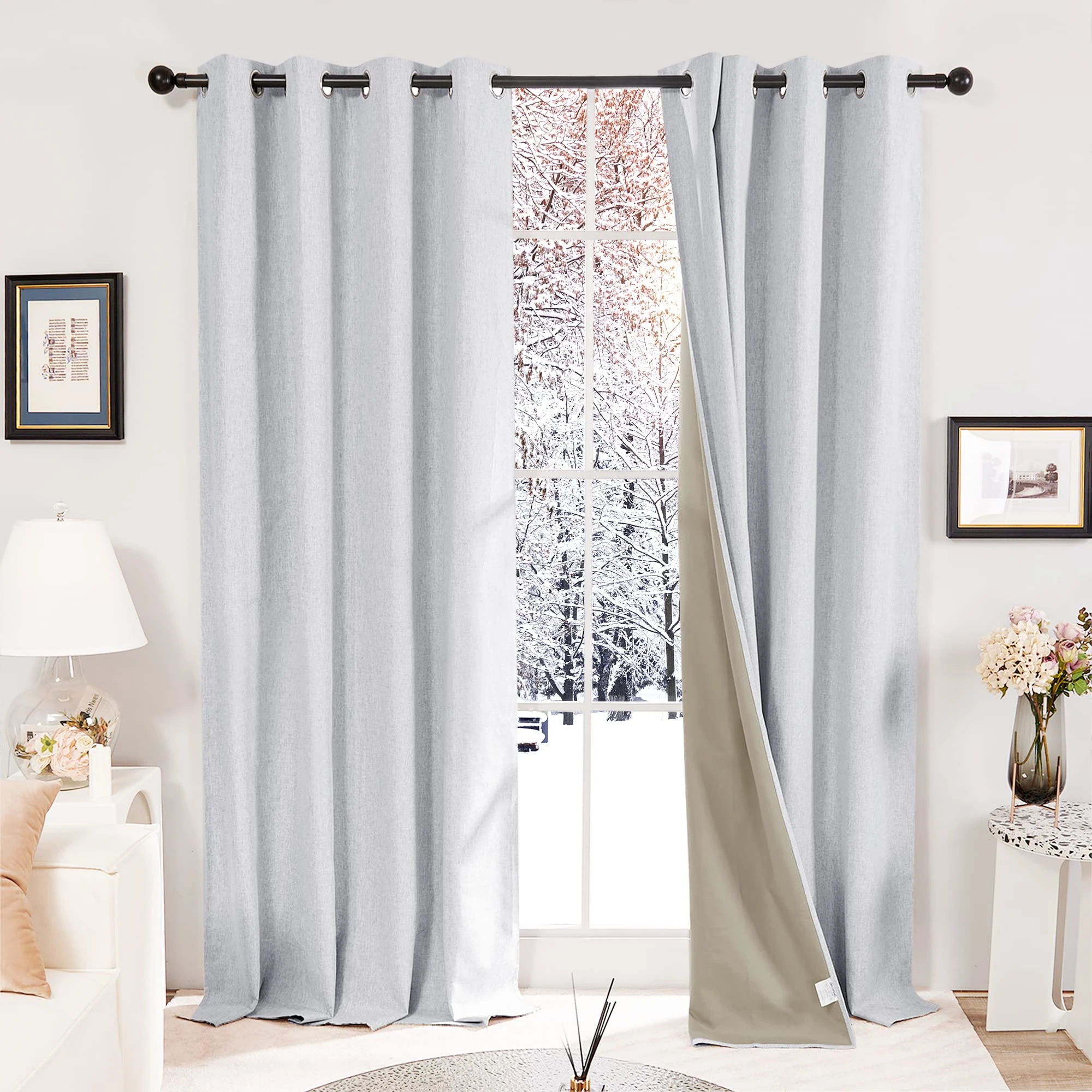 Deconovo Faux Linen Total Blackout Curtains Eyelet Thermal Insulated Curtains for Living room Grey W46 x L54 Inch One Pair