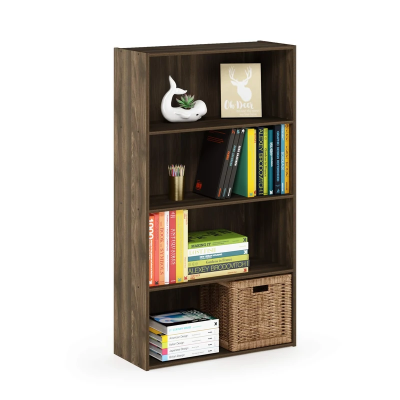 Furinno PASIR Book Shelf, 4-Tier Bookshelf, Bookcase with Open Shelf, 9.4 x 23.6 x 41.7, for Living Room, Bedroom, Home Office, Columbia Walnut