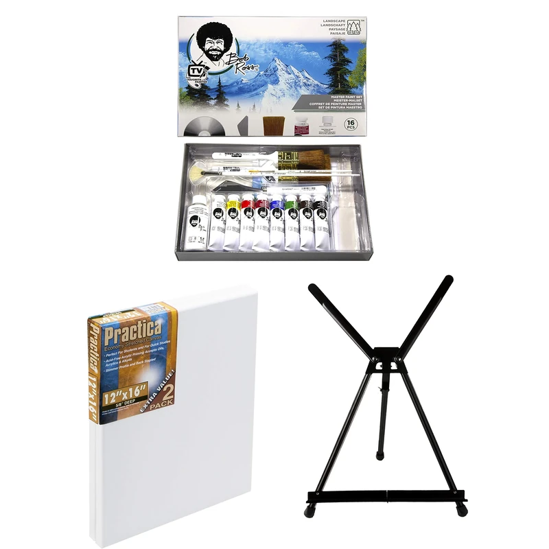 Bob Ross Master Artist Oil Paint Set Bundle with Aluminum Table Easel & 2-Pack 12x16 Stretched Canvas for Painting (3 Items)
