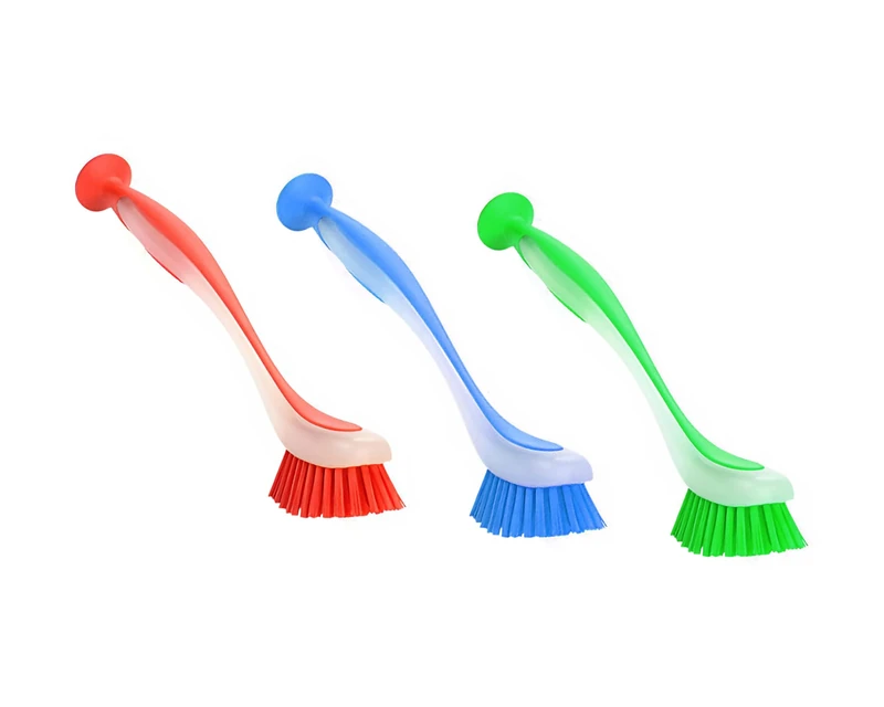 Zuvo Plastic Dish Long Handled Scrubbing Brush 5 X 21 X 5 Cm With Suction Cup, Durable Bristles, Dish Washing Brush Pack Of 3, Dish Brush For Cleaning Pots And Pans. Washing Up utensils Kitchen Brush