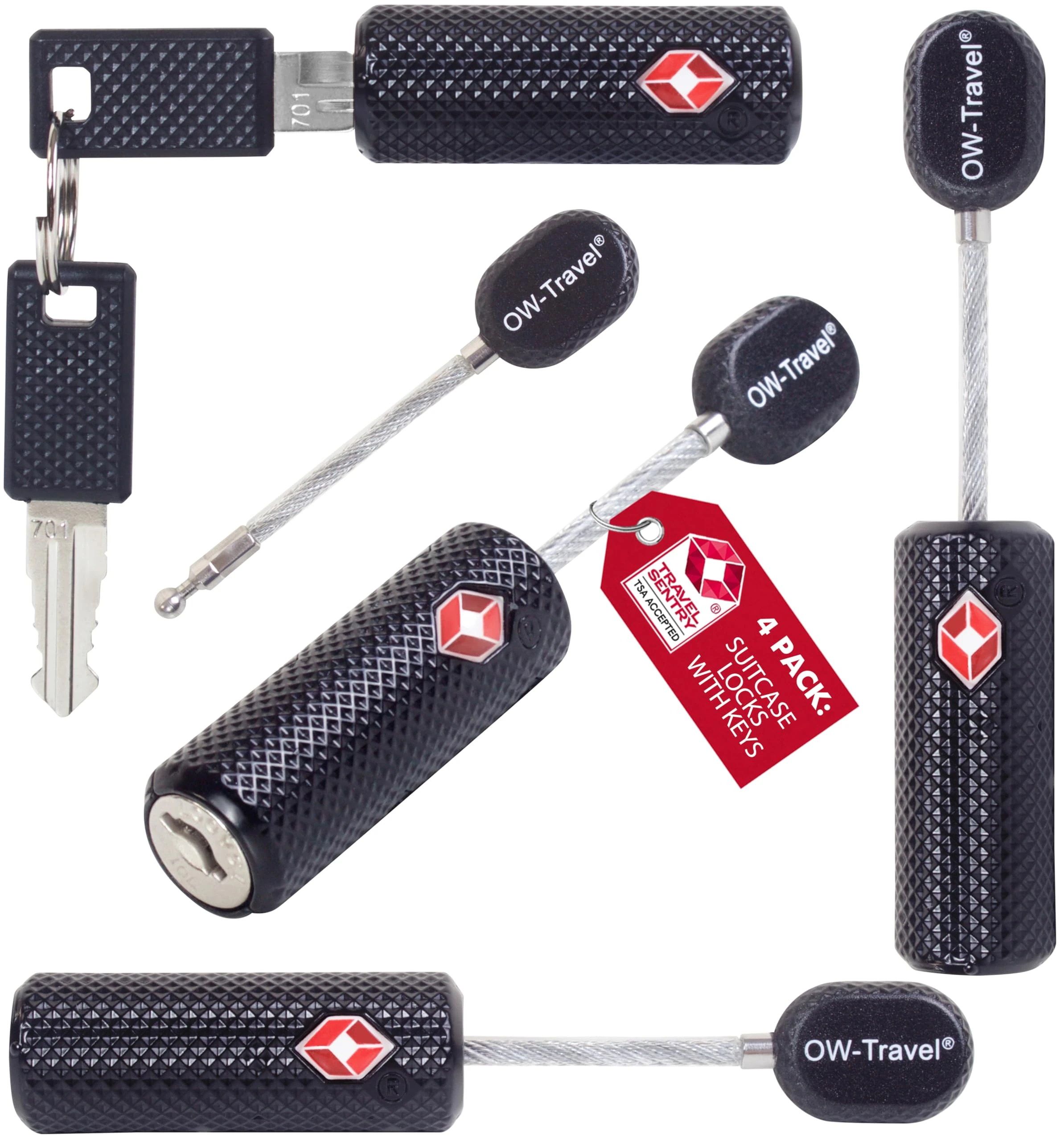 OW-Travel TSA Approved Luggage Locks Suitcase Locks with Keys (4 Pack Black) Flexible Cable Travel Padlock Bag Small Padlock. Luggage Padlocks for Suitcases. Mini Wire TSA Suitcase Padlocks with Keys