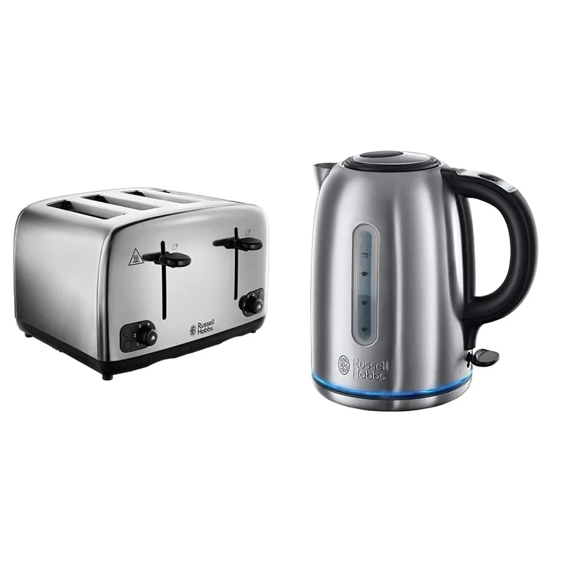 Russell Hobbs 24090 Adventure Four Slice, Brushed Polished Stainless Steel Toaster & 20460 Quiet Boil Kettle, Brushed Stainless Steel, Silver, 3000 W, 1.7 Litre