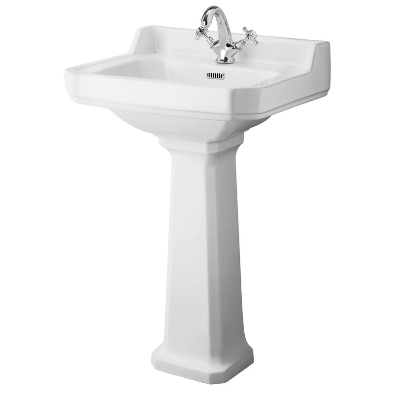 Old London CCR030 Richmond Traditional Bathroom 1 Tap Hole Basin Sink and Comfort Height Full Pedestal, 560mm, White