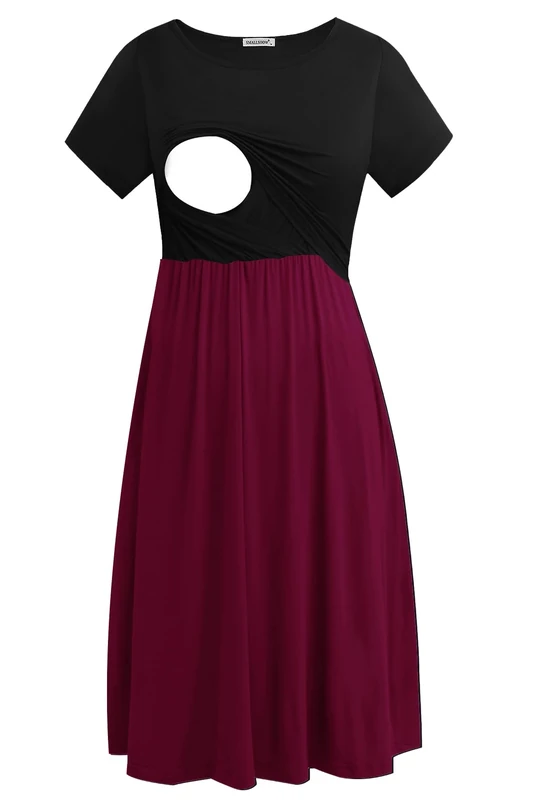 Smallshow Women's Short Sleeve Casual Maternity Nursing Dress for Breastfeeding Black/Wine S