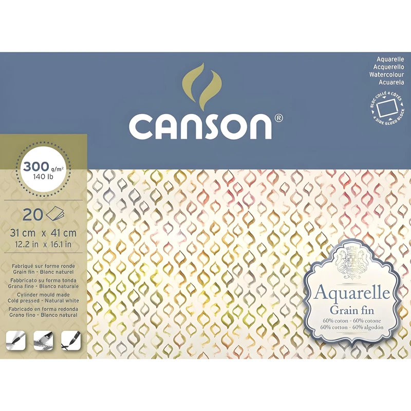 CANSON Aquarelle Watercolour Cold Pressed 300gsm Paper, Block Glued 4 Sides, 31x41cm Natural White 20 Sheets, For Professional Artists
