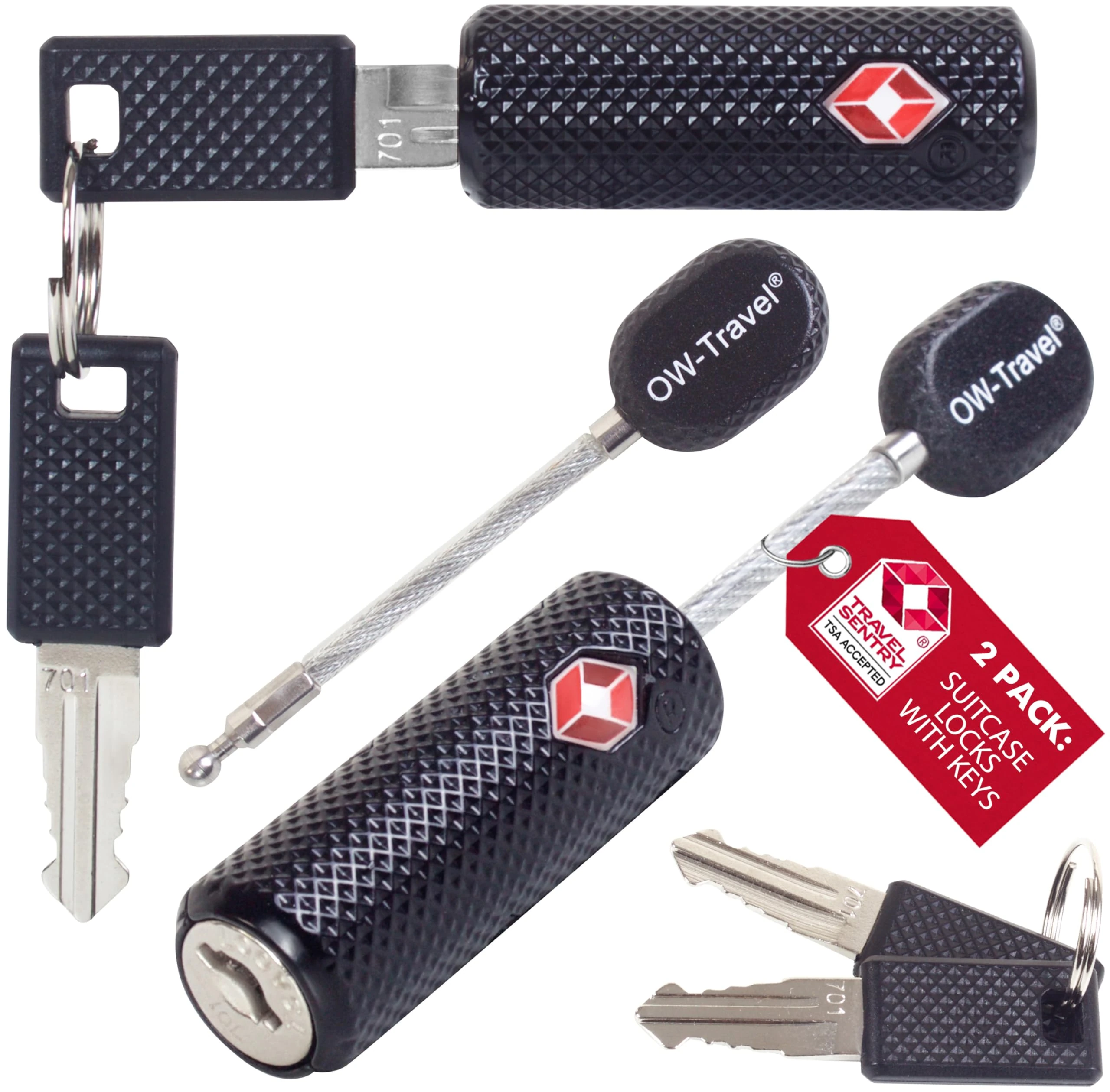 OW-Travel TSA Approved Luggage Locks Suitcase Locks with Keys (2 Pack Black) Flexible Cable Travel Padlock Bag Small Padlock. Luggage Padlocks for Suitcases. Mini Wire TSA Suitcase Padlocks with Keys